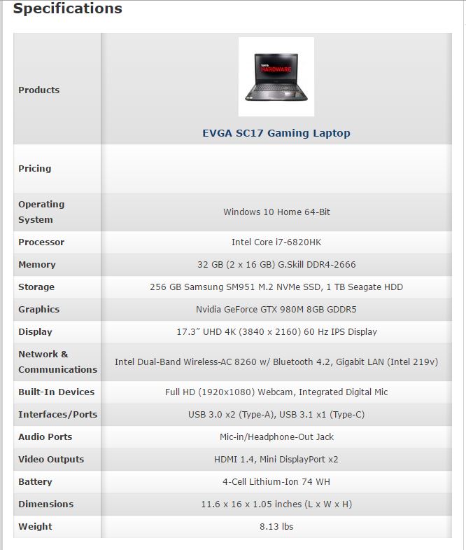EVGA SC17 Spec